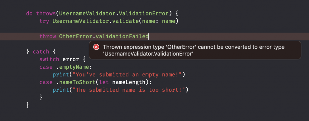 Specifying typed throws inside do-catch clauses enables useful compile-time checks.