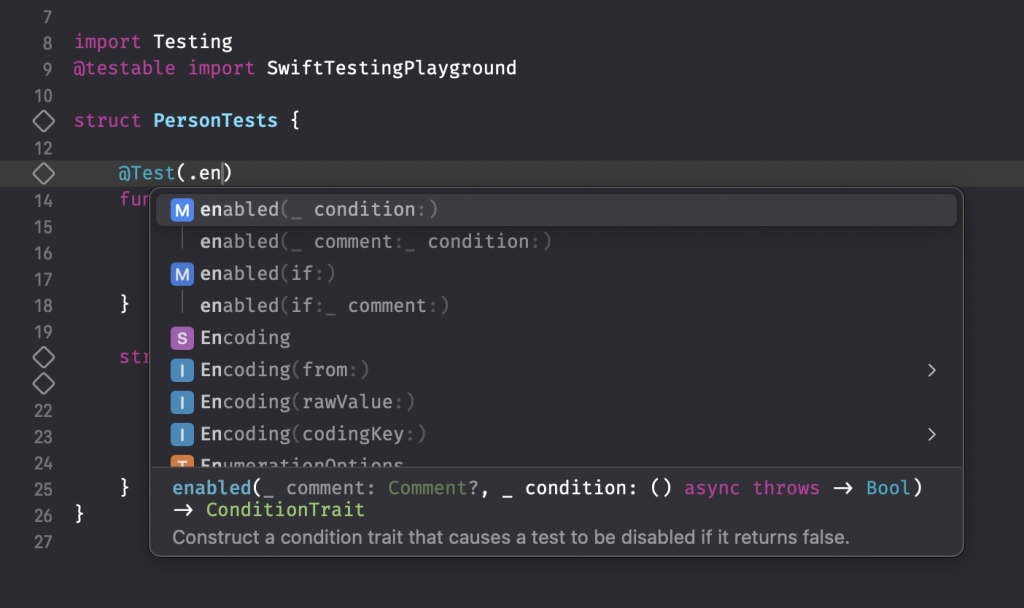 You can add a trait to a test using the @Test macro initializer.