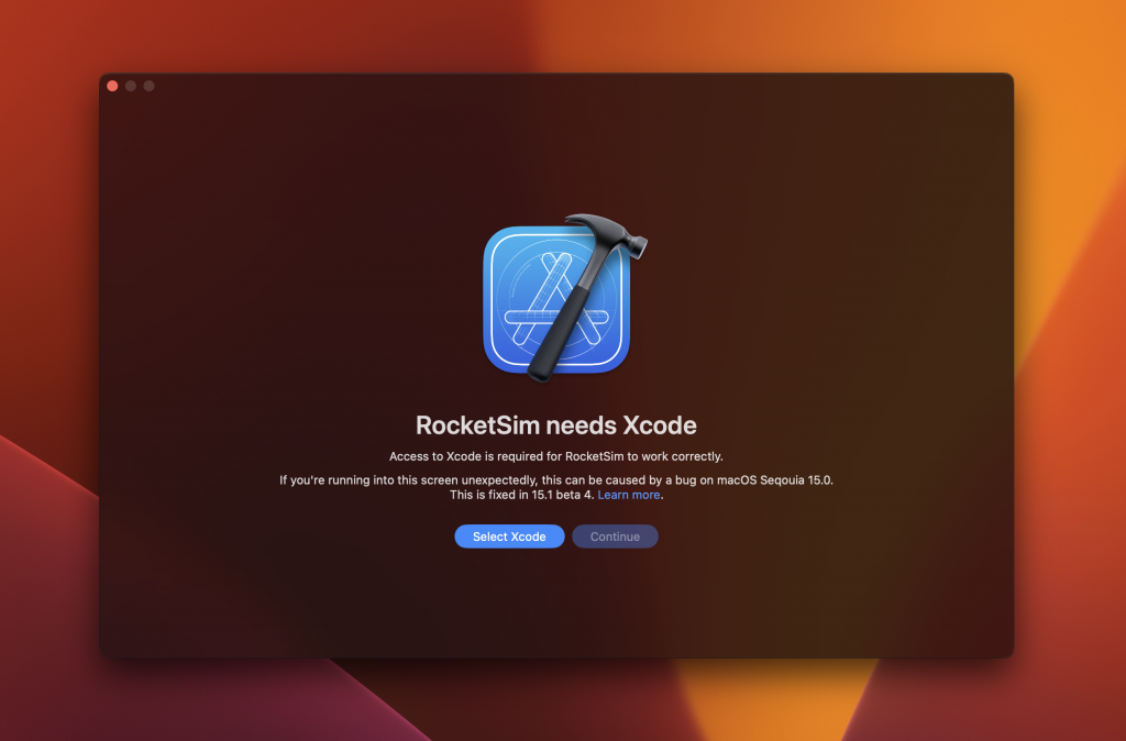 RocketSim's Xcode Permission view informs users about the macOS Sequoia bug.