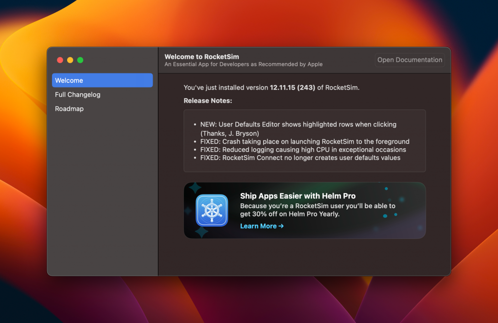 RocketSim promotes the Helm discounted offering inside its welcome screen.
