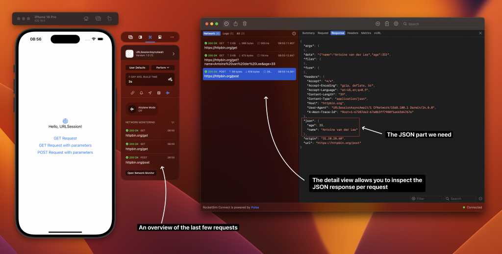 Requests triggered by URLSession with async/await can be inspected using RocketSim.