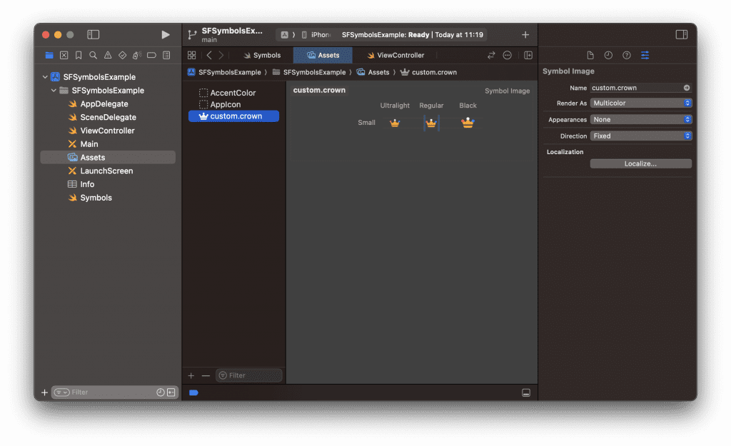 A custom SF symbol is added to an asset catalog in Xcode